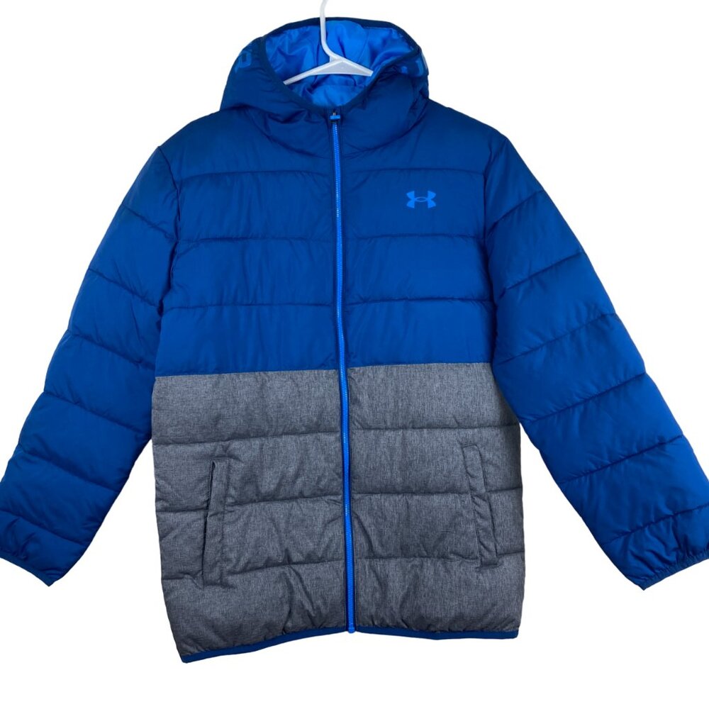 Under Armour Boys Sz XL Hooded Puffer Winter Jacket Full Zip Blue Gray